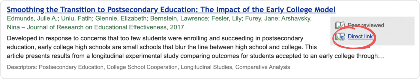 ERIC database: diretc link to publisher fulltext